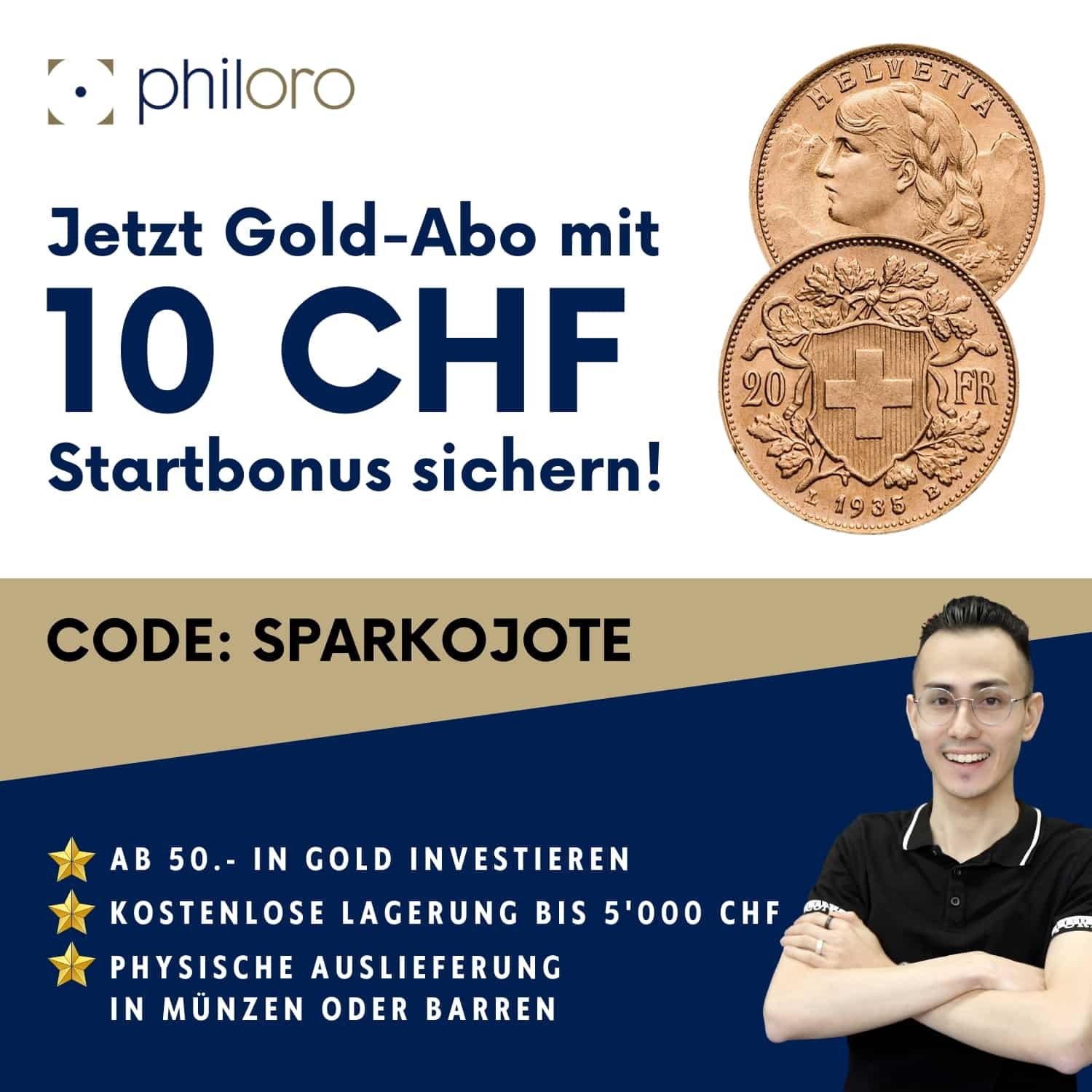 philoro Edelmetall-Abo Gold-Abo 50 CHF Startguthaben Gutscheincode SPARKOJOTE Sparkojote philoro Gutscheincode